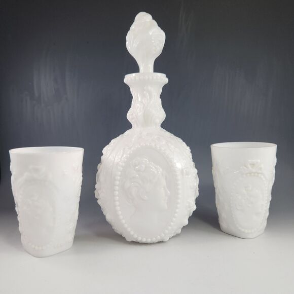 Fostoria Glass Jenny Lind White Glass Decanter w Stopper & 2 Cup Tumblers 1950s